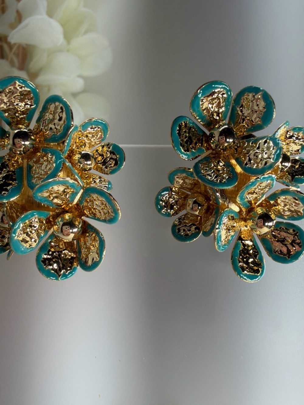 Gold & Teal Floral Cluster Earrings - Women Jewelry